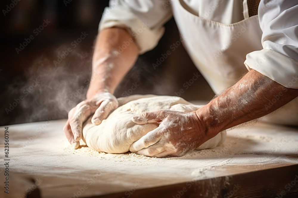 An unidentified artisan baker passionately kneads dough, preparing it for the delicious creation of bread, hands close up, generative ai 