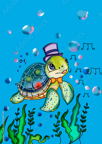 А cute turtle swimming in the ocean and singing. She has a colorful shell and a cylinder on her head. There are lots of beautiful algae and bubbles in the blue and clear water.