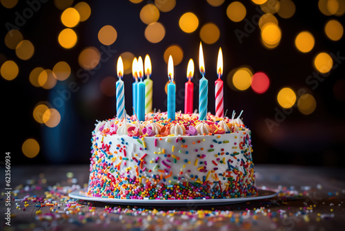 Celebration birthday cake with colorful sprinkles and colorful birthday candles  generative ai 