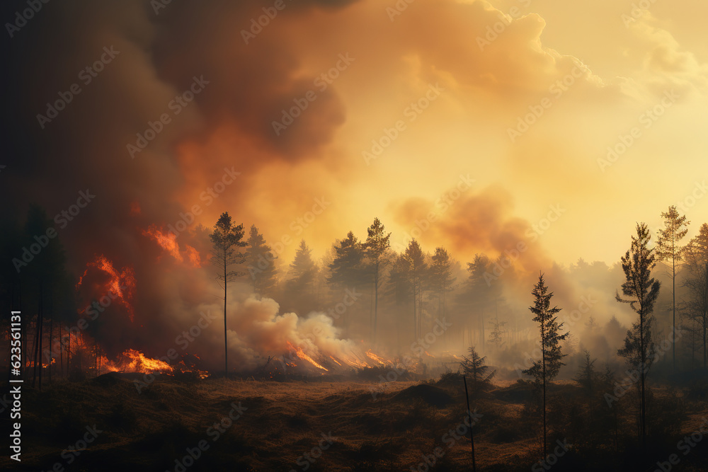 Countryside forest with cloudy sky covered by fire smoke during the evening, generative ai 