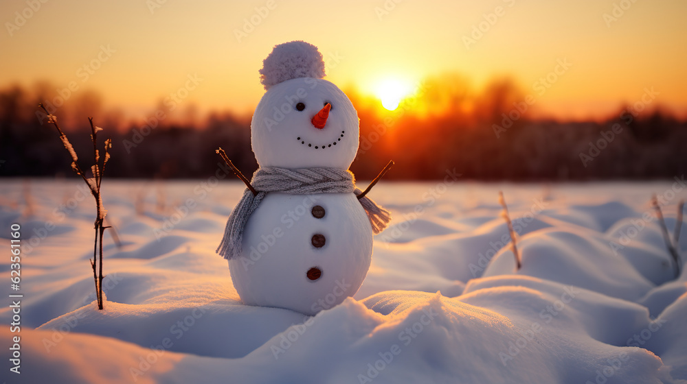 Fototapeta premium cute snowman on snowy field, generative ai 