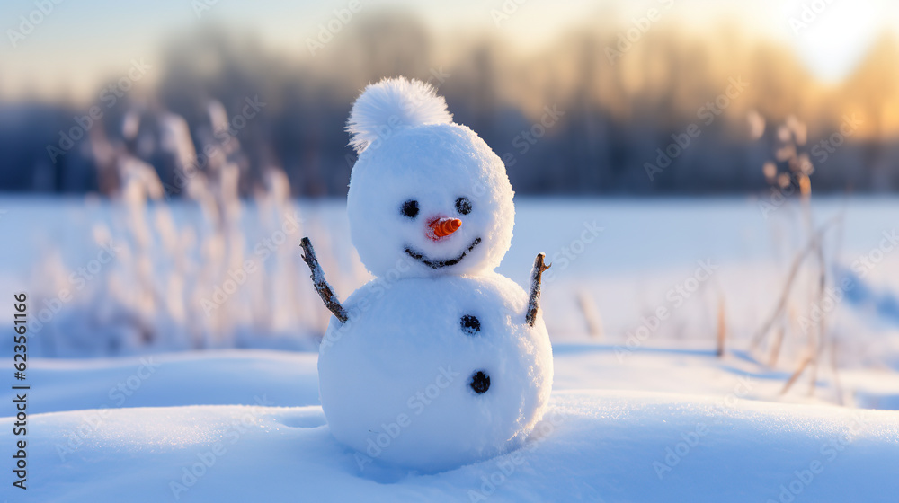 cute snowman on snowy field, generative ai cute snowman on snowy field, generative ai