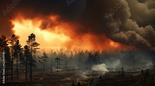 Countryside forest with cloudy sky covered by fire smoke during the evening  generative ai 