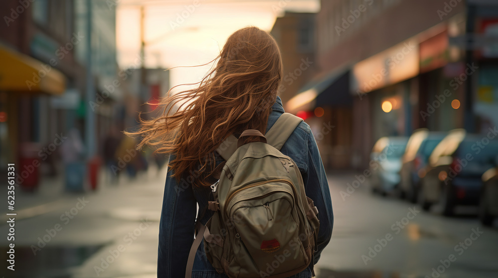 Fototapeta premium girl walking across a street with a backpack on her back, back view, generative ai
