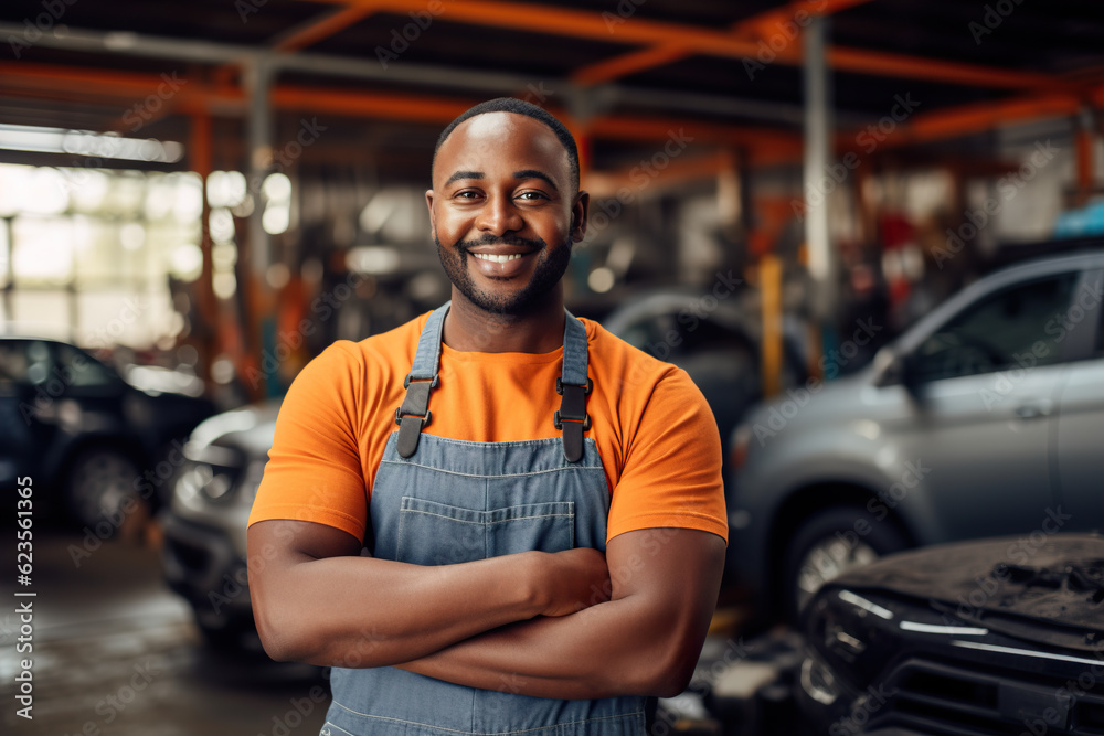 Handsome african american male mechanic standing with crossed arms in auto repair shop Handsome african american male mechanic standing with crossed arms in auto repair shop