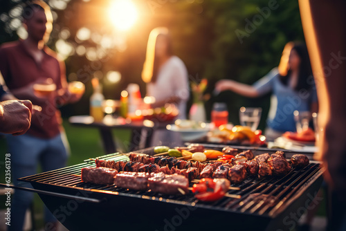 Group of friends having party outdoors. Focus on barbecue grill with food  generative ai 