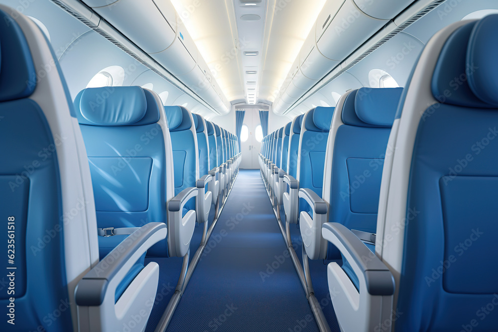 Interior of empty modern aircraft with blue flight seats and hallway in daytime during flight, generative ai 