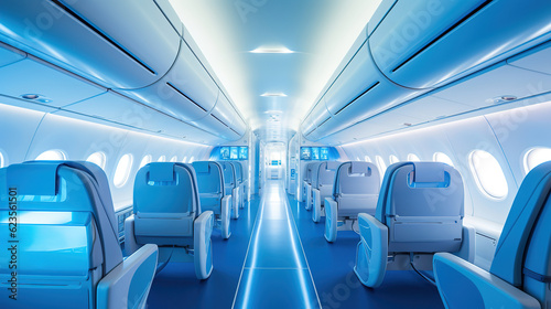 Interior of empty modern aircraft with blue flight seats and hallway in daytime during flight, generative ai  © vvalentine