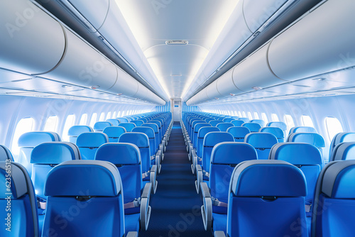 Interior of empty modern aircraft with blue flight seats and hallway in daytime during flight, generative ai 