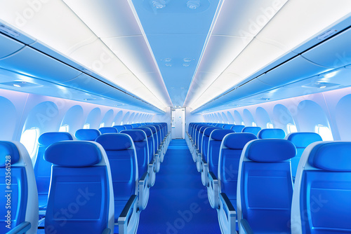 Interior of empty modern aircraft with blue flight seats and hallway in daytime during flight, generative ai 