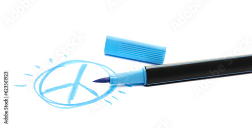 Fototapeta Naklejka Na Ścianę i Meble -  Blue brush pen and symbol of peace isolated on white