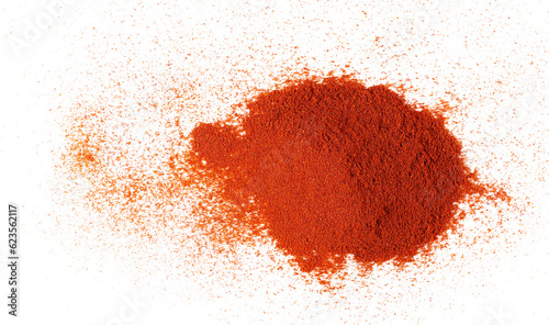 Pile of red paprika powder isolated on white, top view photo