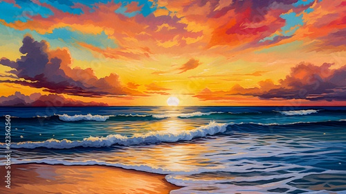 Vibrant Digital Painting of a Stunning Sunset Over the Sea - generative ai