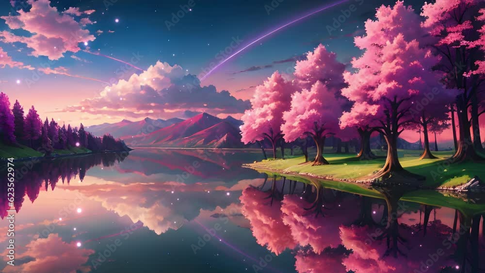 Views of cherry trees, rivers and mountains in cartoon and anime style. Seamless looping video