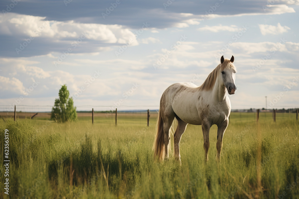 Beautiful horse stallion in a farm field