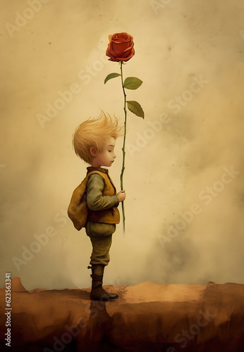 Vintage Illustration of Le Petit Prince Holding His Rose - generative ai photo