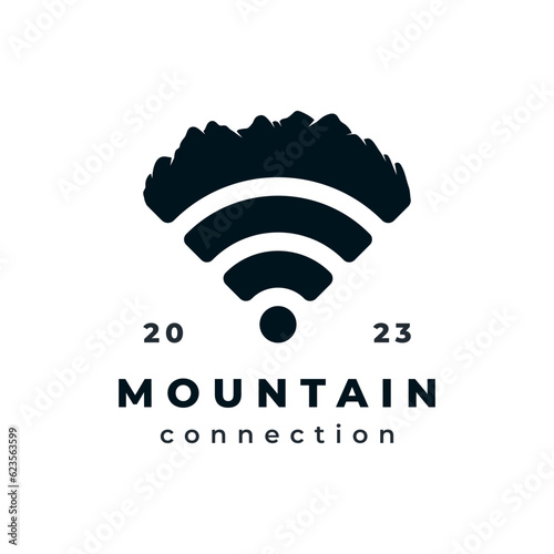 Mountain and wifi connection signal logo design concept. Outdoor adventure network vector illustration
