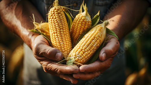 Close up of farmer male hands holding corn in the cob. Organic food, harvesting and farming concept Generative AI