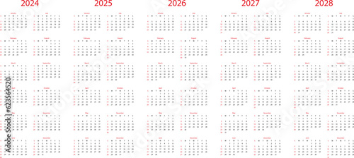 Set of calendars. Calendar 2024, calendar 2025, calendar 2026, calendar 2027, calendar 2028. Week start Monday