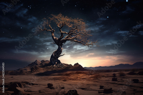 Lonely dried tree in desert landscape at twilight. Dead tree silhouette at night with starry sky. Beautiful landscape. Created with Generative AI