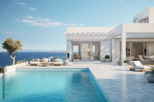 Luxury hotel resort with swimming pool. Lounge zone in villa with modern exterior made of white stone. Created with Generative AI © Lazy_Bear