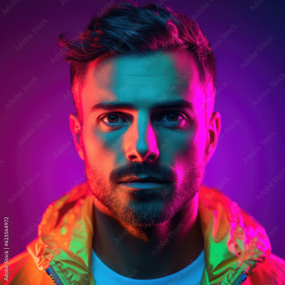 Man fashion portrait on abstract colorful background. Male model looking at camera, neon colored lighting. Created with Generative AI