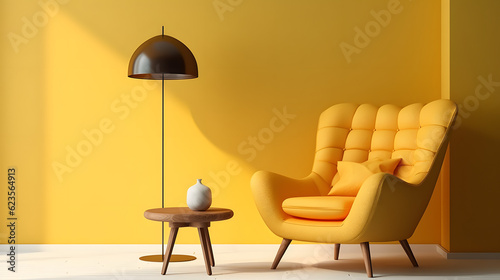 Tufted armchair and coffee table with lamp near yellow wall. Interior design of modern living room.