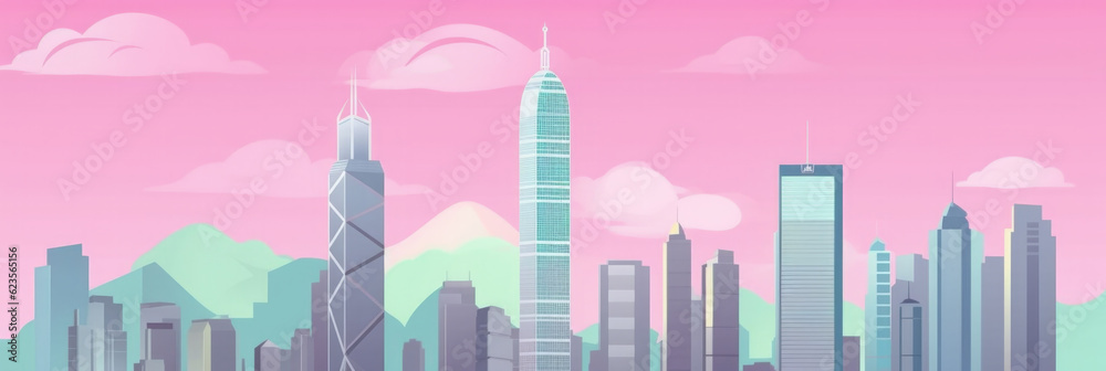 Hong Kong city panorama, urban landscape with modern buildings. Business travel and travelling of landmarks. Illustration, web background. Skyscraper silhouette. China - Generative AI