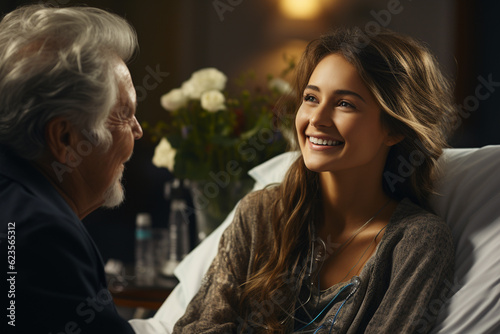 woman in hospital room talking with a husband