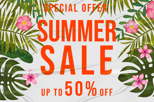 Summer Sale glued paper with wrinkles effect realistic banner tropical colorful plants