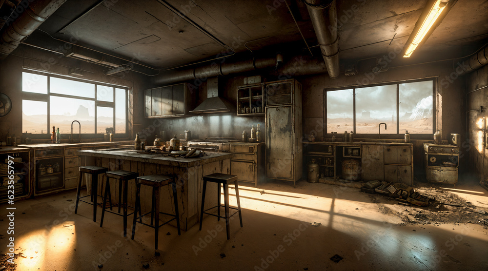 Kitchen interior of an abandoned house in a post-apocalyptic world. The concept of environmental disaster, post-apocalypse. Abstract image. Created using generative AI tools
