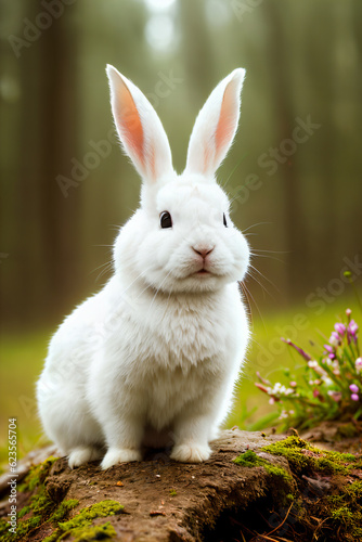 View of a little cute white rabbit in the spring forest, close-up with selective focus. Created using generative AI tools © rustamank