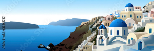 Santorini city panorama, urban landscape. Business travel and travelling of landmarks. Illustration, web background. Buildings silhouette. Greece - Generative AI
