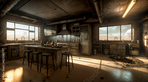 Kitchen interior of an abandoned house in a post-apocalyptic world. The concept of environmental disaster  post-apocalypse. Abstract image. Created using generative AI tools