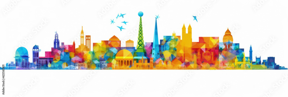 Istanbul city panorama, urban landscape with modern buildings. Business travel and travelling of landmarks. Illustration, web background. Skyscraper silhouette. Turkey - Generative AI