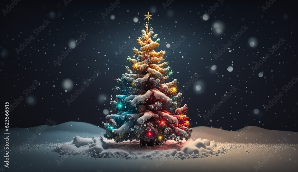 A colorful abstract Christmas tree decorated with toys stands on the snow.Generative AI