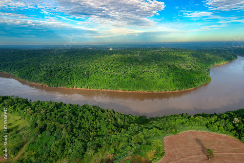 Aerial view of the Iguazu River on the triple border of Brazil, Argentina and Paraguay. photo