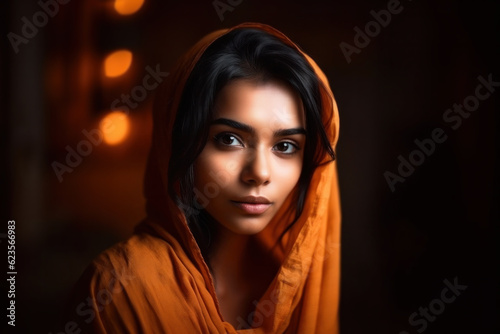 Portrait of a pretty young Indian woman looking at camera.