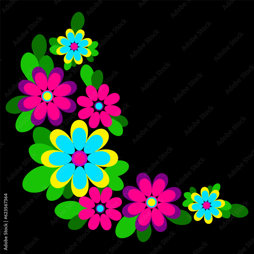 Mexican embroidery of bright flowers and leaves on a black background