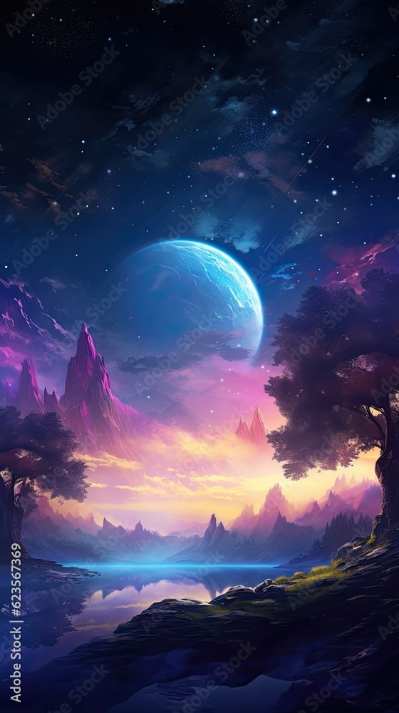 Moon over Mystical Celestial Landscape scene Moon over Mystical Celestial Landscape scene