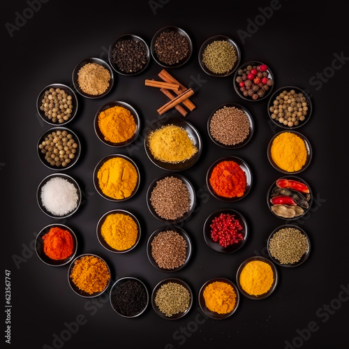 A number of little black plates with diverse spices. Beautiful colorful seeds, herbs and spices on black backdrop. Generative AI.