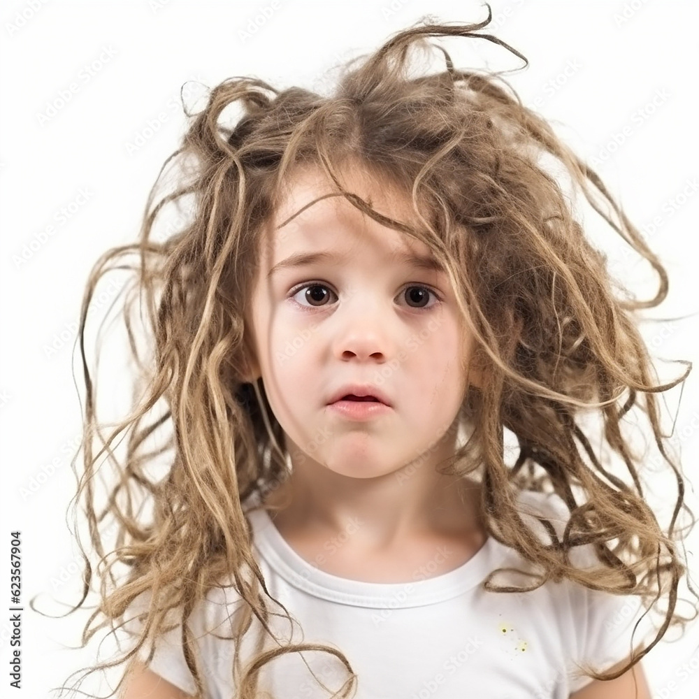 Very shaggy child with long tousled uncombed tangled hair isolated on white close-up, generative ai Very shaggy child with long tousled uncombed tangled hair isolated on white close-up, generative ai