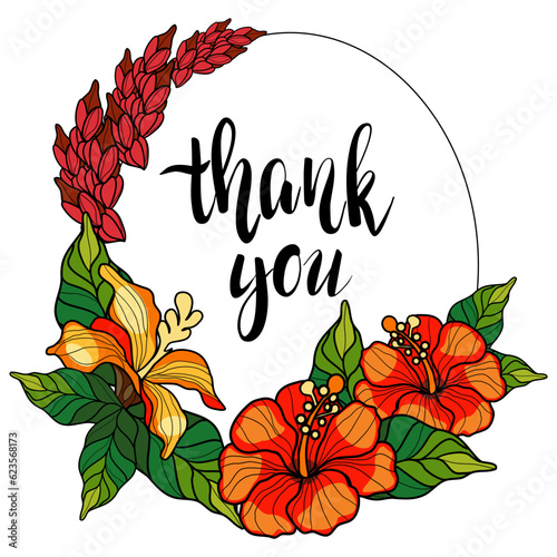Thank you frame with hibiscus flowers and leaves vector illustration 