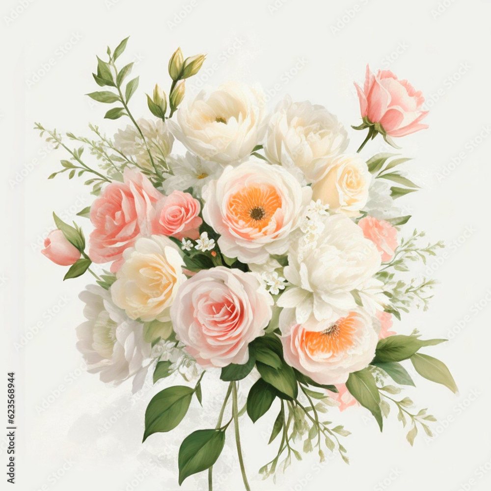 vintage style, watercolor, large beautiful bouquet of flowers, inflorescence of beautiful roses