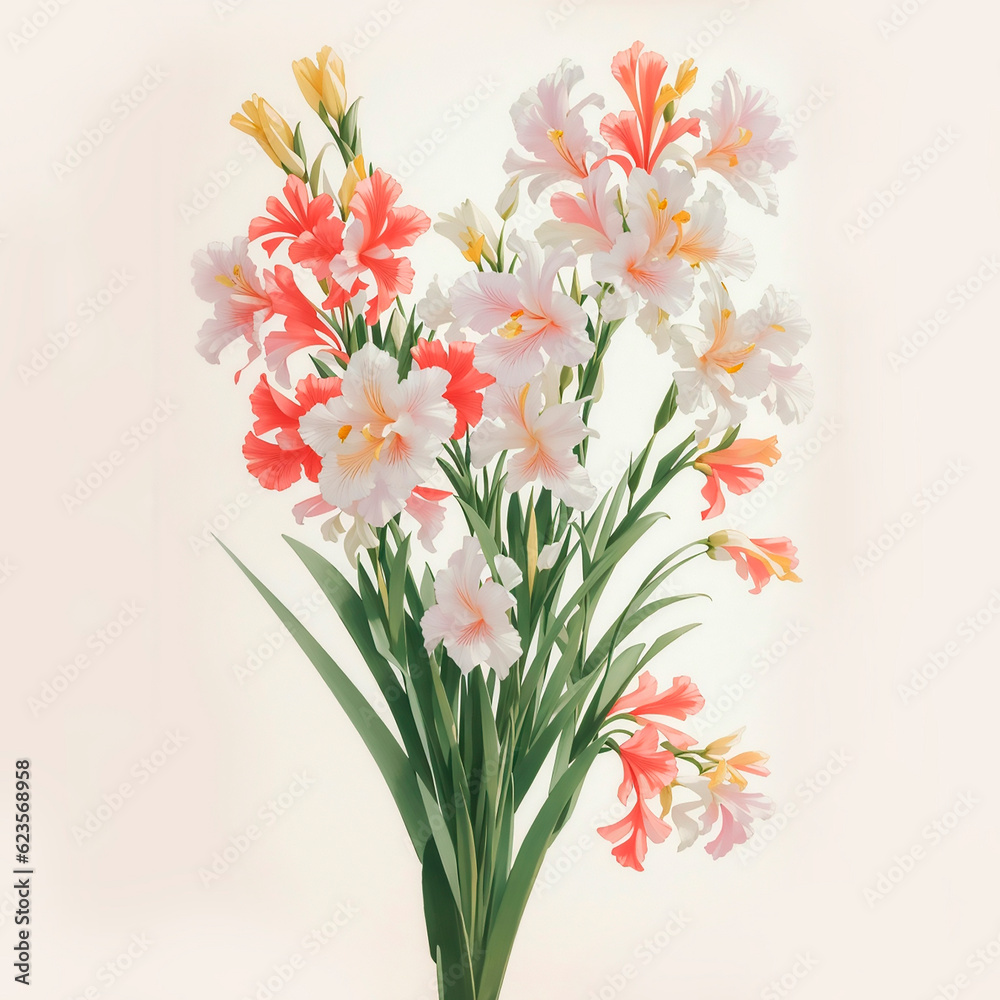 vintage style, watercolor, large beautiful bouquet of gladioli