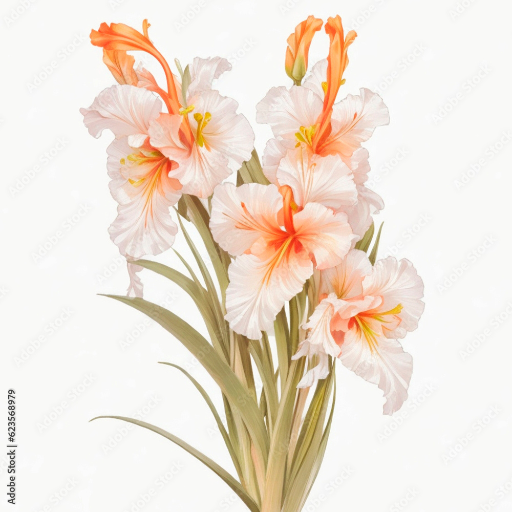 watercolor, vintage style, large beautiful bouquet of flowers, inflorescence of white and orange gladiolus