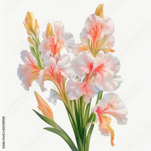 watercolor, vintage style, a large beautiful bouquet of flowers, an inflorescence of white and pink gladiolus meets the dawn