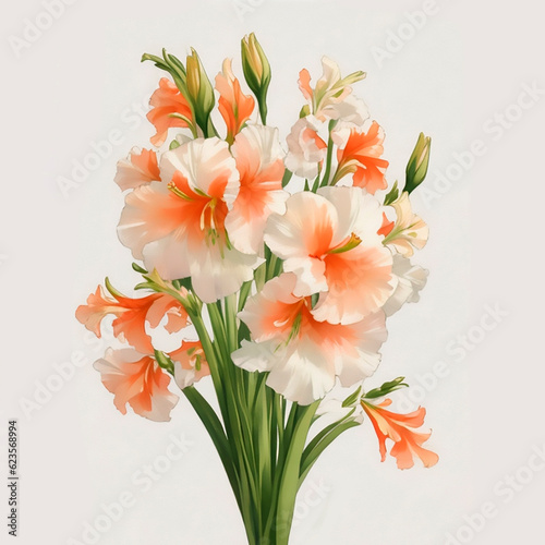 watercolor, vintage style, large beautiful bouquet of flowers, inflorescence of white and pink gladiolus tend to sleep