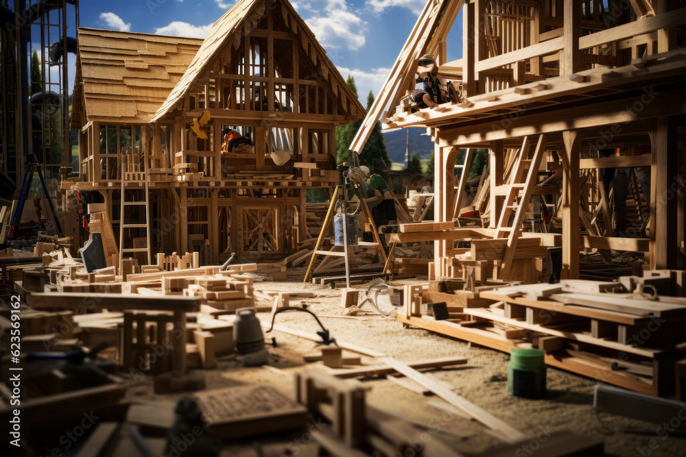 Construction of wooden houses. Generative AI Construction of wooden houses. Generative AI