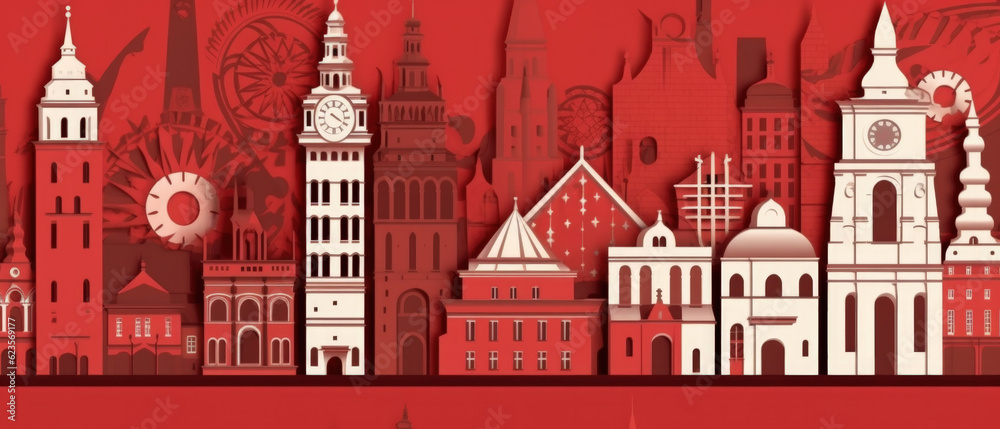 Naklejka premium Poland Famous Landmarks Skyline Silhouette Style, Colorful, Cityscape, Travel and Tourist Attraction - Generative AI